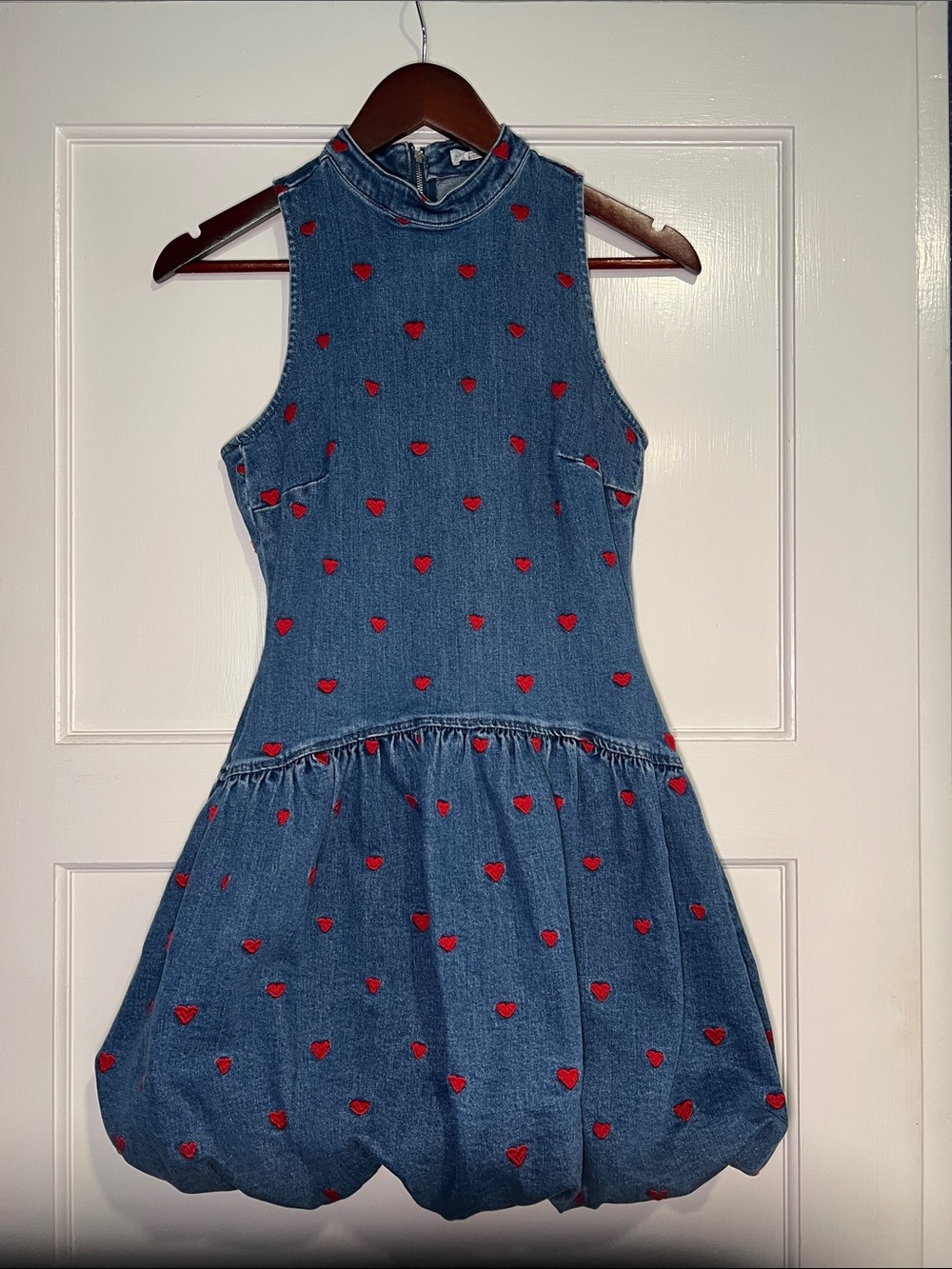 Sleeveless Denim Kids Dress with Red Heart Embroidery